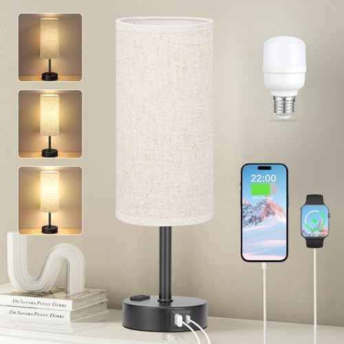 Kakanuo Nachttischlampe Touch Dimmbar, Tischlampe mit USB A+C+Steckdose Ladefunktion, Lampenschirm aus Leinenstoff, Lampe für Nachttisch Wohnzimmer Schlafzimmer Kinderzimmer Büro(Inklusive Birne) von Kakanuo