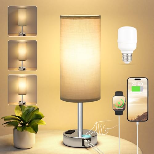 Kakanuo Nachttischlampe Touch Dimmbar, Tischlampe mit USB A+C+Steckdose Ladefunktion, Lampenschirm aus Leinenstoff, Lampe für Nachttisch Wohnzimmer Schlafzimmer Kinderzimmer Büro(Inklusive Birne) von Kakanuo