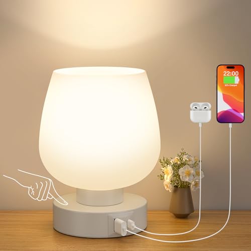 Kakanuo Nachttischlampe Touch Dimmbar, Tischlampe Weiße mit USB A+C Anschlüsse LED Birne, 3-fach Dimmbar, Kleine Glas Lampe Nachtlicht für Nachttisch Schlafzimmer Wohnzimmer Babyzimmer von Kakanuo