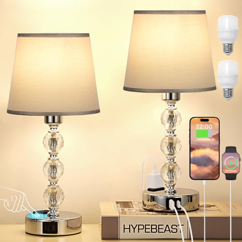 Kakanuo Nachttischlampe Touch Dimmbar 2er Set, Kristall Tischlampe mit USB-A+C-Anschlüssen Steckdose LED Birnen, Moderne Lampe mit Grau Stoff Lampenschirm für Wohnzimmer Schlafzimmer Büro Hotel von Kakanuo