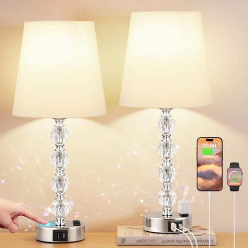 Kakanuo Nachttischlampe Touch Dimmbar 2er Set, Kristall Tischlampe mit USB-A+C-Anschlüssen Steckdose LED Birnen, Moderne Lampe mit Weißer Lampenschirm für Wohnzimmer Schlafzimmer Büro Hotel(Größer) Kakanuo Nachttischlampe Touch Dimmbar 2er Set, Kristall Tischlampe mit USB-A+C-Anschlüssen Steckdose LED Birnen, Moderne Lampe mit Weißer Lampenschirm für Wohnzimmer Schlafzimmer Büro Hotel(Größer) von Kakanuo