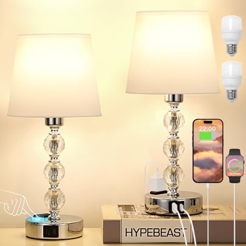 Kakanuo Nachttischlampe Touch Dimmbar 2er Set, Kristall Tischlampe mit USB-A+C-Anschlüssen Steckdose LED Birnen, Moderne Lampe mit Weißer Stoff Lampenschirm für Wohnzimmer Schlafzimmer Büro Hotel Kakanuo Nachttischlampe Touch Dimmbar 2er Set, Kristall Tischlampe mit USB-A+C-Anschlüssen Steckdose LED Birnen, Moderne Lampe mit Weißer Stoff Lampenschirm für Wohnzimmer Schlafzimmer Büro Hotel von Kakanuo