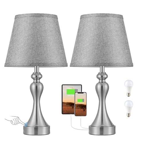 Kakanuo Nachttischlampe Touch Dimmbar 2er Set, Tischlampe Modern mit Ladefunktion USB A+C-Anschlüssen, Grauer Lampenschirm Silberner Sockel, Vintage Tischleuchte für Schlafzimmer Wohnzimmer Büro Deko von Kakanuo