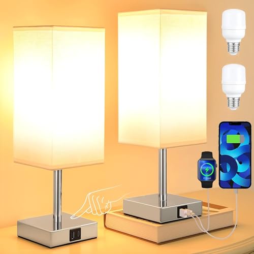 Kakanuo Nachttischlampe Touch Dimmbar 2er Set, Tischlampe mit Ladefunktion USB A+C-Anschlüssen, Weiß-Lampenschirm Metallfuß, Kleine Lampe für Nachttisch Schlafzimmer Wohnzimmer Babyzimmer Büro von Kakanuo