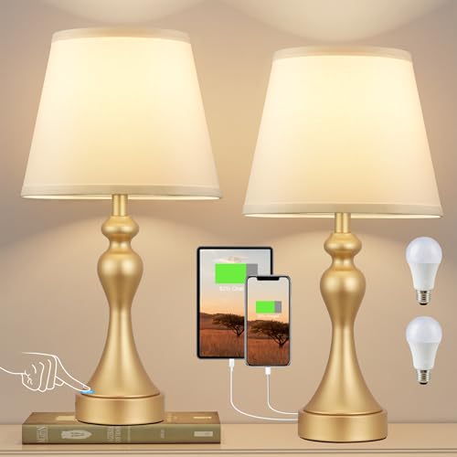 Kakanuo Nachttischlampe Touch Dimmbar 2er Set, Tischlampe Modern mit Ladefunktion USB A+C-Anschlüssen, eißer Lampenschirm Goldener Sockel, Vintage Tischleuchte für Schlafzimmer Wohnzimmer Büro Deko von Kakanuo