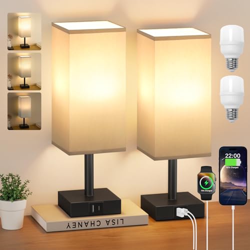 Kakanuo Nachttischlampe Touch Dimmbar 2er Set, Tischlampe mit Ladefunktion USB A+C-Anschlüssen 2 LED Birnen, Grauer-Lampenschirm, Kleine Lampe für Schlafzimmer Wohnzimmer Babyzimmer Büro von Kakanuo