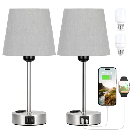 Kakanuo Nachttischlampe Touch Dimmbar 2er Set, Tischlampe mit Ladefunktion USB A+C-Anschlüssen Steckdosen, Graue-Lampenschirm, Kleine Lampe für Nachttisch Schlafzimmer Wohnzimmer Babyzimmer Büro von Kakanuo