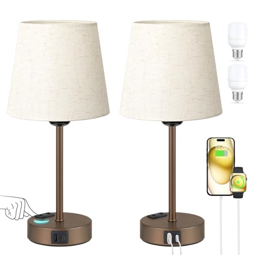 Kakanuo Nachttischlampe Touch Dimmbar 2er Set, Tischlampe mit Ladefunktion USB A+C-Anschlüssen Steckdosen 2 LED Birnen, Beige-Lampenschirm, Kleine Lampe für Schlafzimmer Wohnzimmer Babyzimmer Büro von Kakanuo