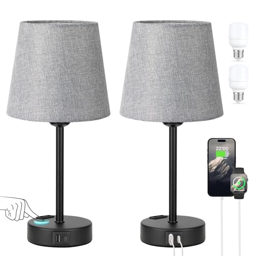 Kakanuo Nachttischlampe Touch Dimmbar 2er Set, Tischlampe mit Ladefunktion USB A+C-Anschlüssen Steckdosen 2 LED Birnen, Graue-Lampenschirm, Kleine Lampe für Schlafzimmer Wohnzimmer Babyzimmer Büro Kakanuo Nachttischlampe Touch Dimmbar 2er Set, Tischlampe mit Ladefunktion USB A+C-Anschlüssen Steckdosen 2 LED Birnen, Graue-Lampenschirm, Kleine Lampe für Schlafzimmer Wohnzimmer Babyzimmer Büro von Kakanuo