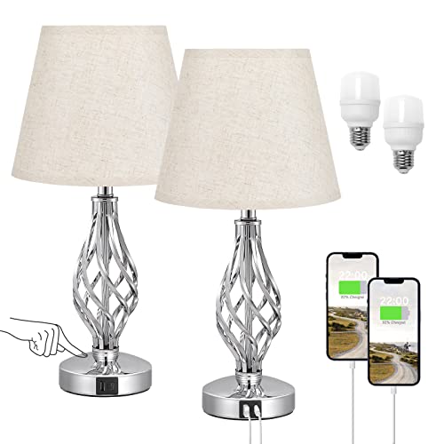 Kakanuo Nachttischlampe Touch Dimmbar 2er Set, Tischlampe mit USB A+Typ-C-Anschlüsse 2 Dimmbare LED-Glühbirnen, Beige Lampenschirm Metallfuß, Nachtischlampen für Schlafzimmer Wohnzimmer Büro Hotel von Kakanuo