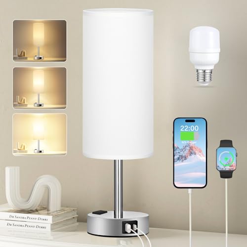 Kakanuo Nachttischlampe Touch Dimmbar mit USB A+C-Anschluss+Steckdose LED Birne, Tischlampe mit Ladefunktion, Lampenschirm aus Leinenstoff, Kleine Lampe für Wohnzimmer Schlafzimmer Kinderzimmer Büro von Kakanuo