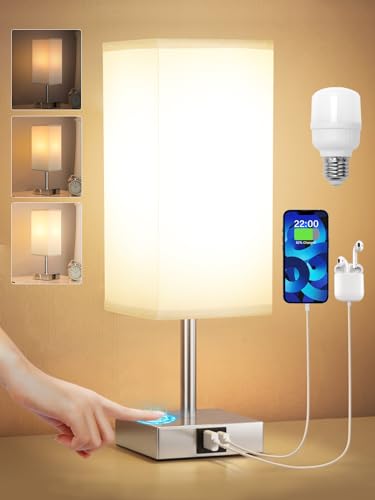 Kakanuo Nachttischlampe Touch Dimmbar, Tischlampe mit Ladefunktion USB A+C-Anschlüssen LED-Birne, Grauer Lampenschirm, Moderne Kleine Lampe für Nachttisch Schlafzimmer Wohnzimmer Babyzimmer Büro von Kakanuo