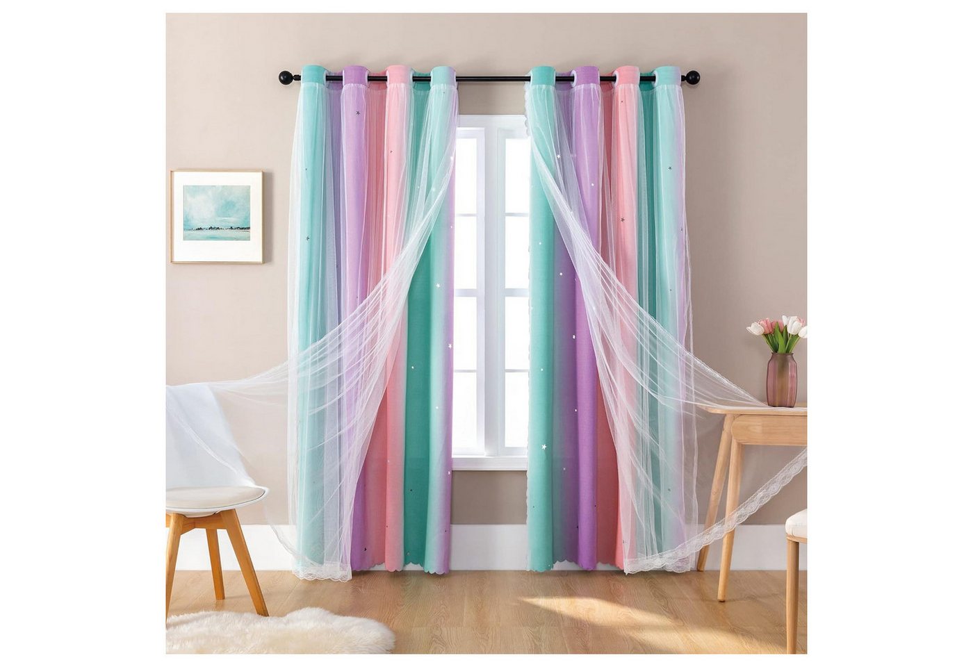 Kaket Gardine Ein Paar Verdunkelungsvorhänge, mit transparenter Voile, doppellagige isolierende Verdunkelungsvorhänge, 132 cm x 213 cm von Kaket
