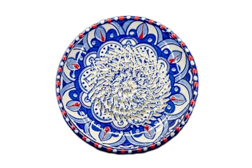Kaladia Keramik Reibeteller/Keramikhobel - ideal für Ingwer, Parmesan etc. - in Blau, Weiß & Rot mit Gazanien Muster - Durchmesser: 12 cm - handgemacht & handbemalt - Made in Spain von Kaladia