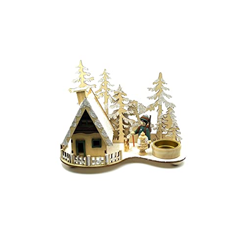 Kaladia - Rauchhaus/Räucherhütte aus Holz - für Räucherkerzen Größe M - mit integriertem Teelichthalter - Motiv: Förster mit Hund - Maße: 23 x 13 x 17 cm von Kaladia