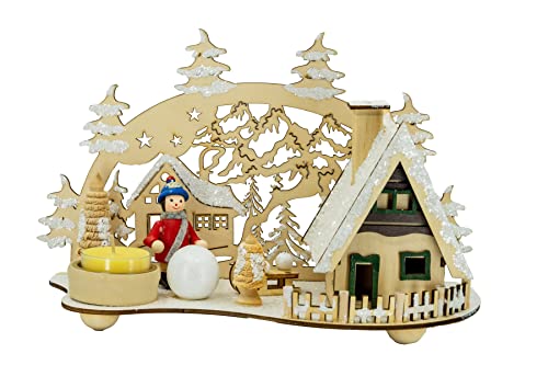 Kaladia - Rauchhaus/Räucherhütte aus Holz - für Räucherkerzen Größe M - mit integriertem Teelichthalter - Motiv: Winterkind mit Schneekugel - Maße: 23 x 13 x 17 cm von Kaladia