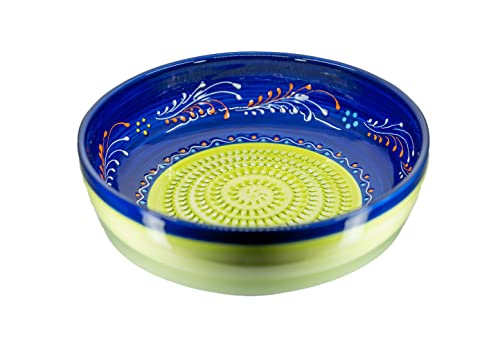 Kaladia - Reibeschüssel/Keramikhobel - ideal zum Gewürze reiben und Servieren von Gerichten - Motiv: Grün/Blau - Durchmesser: 19 cm - handgemacht & handbemalt - Made in Spain von Kaladia
