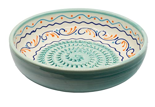Kaladia - Reibeschüssel/Keramikhobel - ideal zum Gewürze reiben und Servieren von Gerichten - Motiv: Weiß/Türkis - Durchmesser: 19 cm - handgemacht & handbemalt - Made in Spain von Kaladia