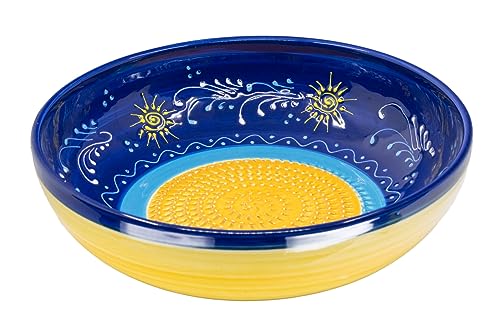 Kaladia - Reibeschüssel/Keramikhobel - ideal zum Gewürze reiben und Servieren von Gerichten - Motiv: hellblau/dunkelblau mit Sonne- Durchmesser: 27 cm - handgemacht & handbemalt - Made in Spain von Kaladia