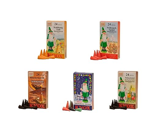 Knox Räucherkerzen 5er Set - Mix - Sandel, Waldhonig, Weihnachtsduft, Schokolade, Bunte Weihnachtsmischung - Made in Germany von Kaladia