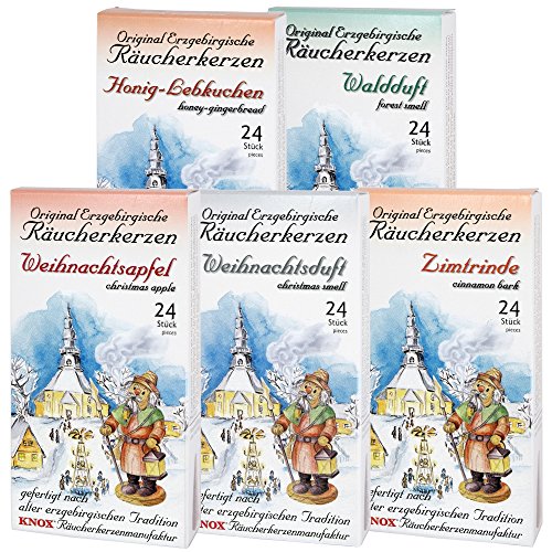 Knox Räucherkerzen 5er Set - Original Räucherkerzen nach erzgebirgischer Tradition gefertigt - Waldduft, Honig-Lebkuchen, Weihnachtsapfel, Weihnachtsduft, Zimtrinde - Made in Germany von Kaladia