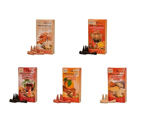 Knox Räucherkerzen 5er Set -Weihnachtsmarktmix - Bratapfel, Marzipan, Gebrannte Mandel, Glühwein & Feuerzangbowle - Made in Germany von Kaladia