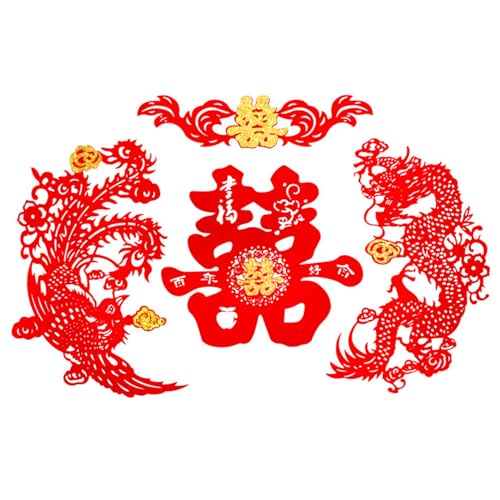 Chinesische Hochzeitsdekoration, Dragon Phoenix Türaufkleber, Red Double Happiness Drache Phoenix Papierschnitte für Türfensterfotografie Studio Requisiten von Kalastussaari