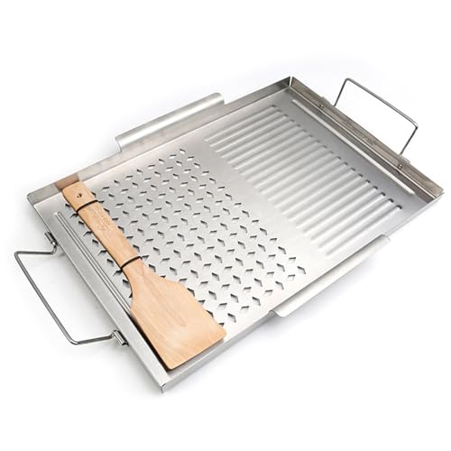 Kalastussaari Edelstahl -Bratpfanne mit Holzschaufel, 17x11.5 Rechteckig flaches Oberbritter mit gleichmäßiger Heizung für BBQ -Holzkohle-/Gasgrillgrill für Außengrill von Kalastussaari