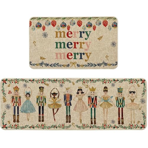 Kalastussaari Weihnachtskitchen Teppiche Sets von 2 Nussknacker & Frohe Weihnachten Küchenmatte weicher rutscher Maschinenwaschable Der Teppich für Türway, Flur, 18x29.5in + 18x47in Fußmat von Kalastussaari