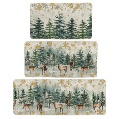 Kalastussaari Weihnachtskitchen Teppiche Sets von 3 Rentier-Weihnachtsküchenmatten absorbierende Nicht-Rutsch-Polyester-Weihnachtsteppich für Küche, Tür, Flur, Stil 1 Küchenteppiche mit 3 3 3 Jahren von Kalastussaari