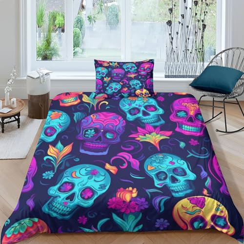KaleidoKit Totenkopf 3D Print Bettwäsche Set 2 teilig Mit Reißverschluss Weiche Und Angenehme Schlafkomfort Microfaser Bettbezug Kinder Mit Kissenbezug Single（135x200cm） von KaleidoKit