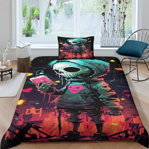 KaleidoKit Totenkopf 3D Print Bettwäsche Set 2 teilig Mit Reißverschluss Weiche Und Angenehme Schlafkomfort Microfaser Bettbezug Kinder Mit Kissenbezug Single（135x200cm） von KaleidoKit