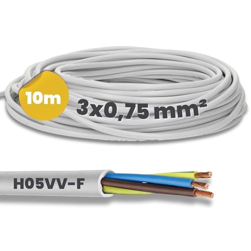 10 Meter Kalitec H05VV-F Schlauchleitung 3x0,75 mm² I Stromkabel 3G0,75 mm2 mit Schutzleiter I PVC Kabel für Innenbereich I Elektrokabel weiß I Lampenkabel flexibel I Gerätekabel 3 adrig von Kalitec
