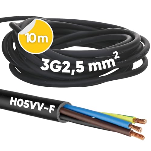 10 Meter Kalitec H05VV-F Schlauchleitung 3x2,5 mm² I Stromkabel 3G2,5 mm2 mit Schutzleiter I PVC Kabel für Innenbereich I Elektrokabel schwarz I Lampenkabel flexibel I Gerätekabel 3 adrig von Kalitec