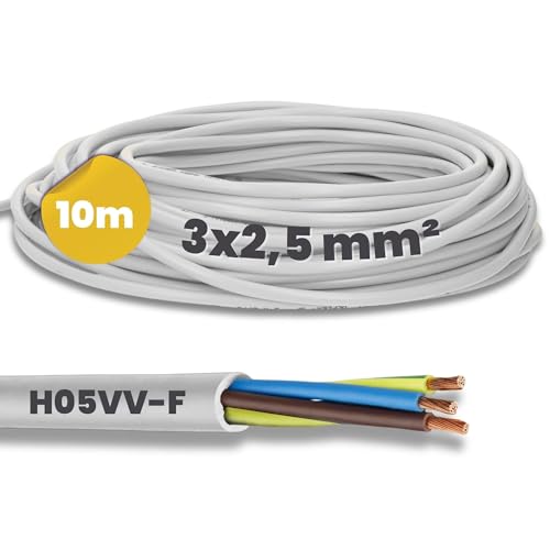 10 Meter Kalitec H05VV-F Schlauchleitung 3x2,5 mm² I Stromkabel 3G2,5 mm2 mit Schutzleiter I PVC Kabel für Innenbereich I Elektrokabel weiß I Lampenkabel flexibel I Gerätekabel 3 adrig von Kalitec