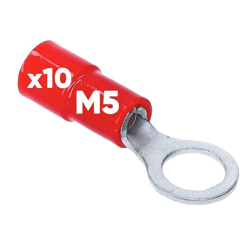 10 Stück Kalitec RKSRM5 Ringkabelschuh 0,5-1mm² I teilisoliert M5 rot I Kupfer I PVC Kragen I zum Verbinden von Kabeln oder Litzen I Kabelschuh I Kabelverbinder I schützt elektrische Verbindungen von Kalitec