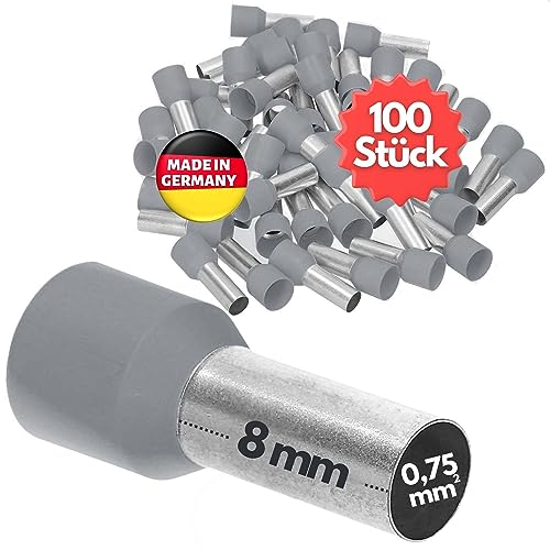 100 Stück Kalitec AE07508GRSB Aderendhülsen isoliert 0,75mm² 8mm lang grau I Made in Germany I Industriequalität von Kalitec