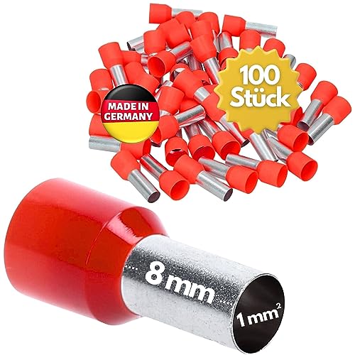 100 Stück Kalitec AE108RTSB Aderendhülsen isoliert 1,0mm² 8mm lang rot I Made in Germany I Industriequalität von Kalitec