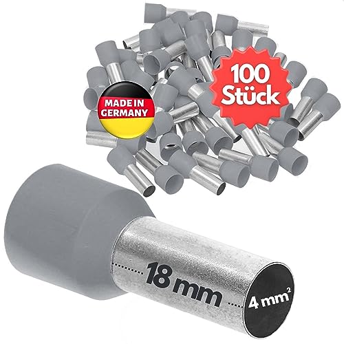 100 Stück Kalitec AE418GR Aderendhülsen isoliert 4,0mm² 18mm lang grau I Made in Germany I Industriequalität von Kalitec