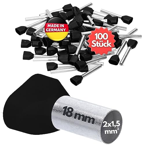 100 Stück Kalitec AET1518SW Zwillingsaderendhülsen isoliert 2x1,5mm² 18mm lang schwarz I Made in Germany I Industriequalität von Kalitec