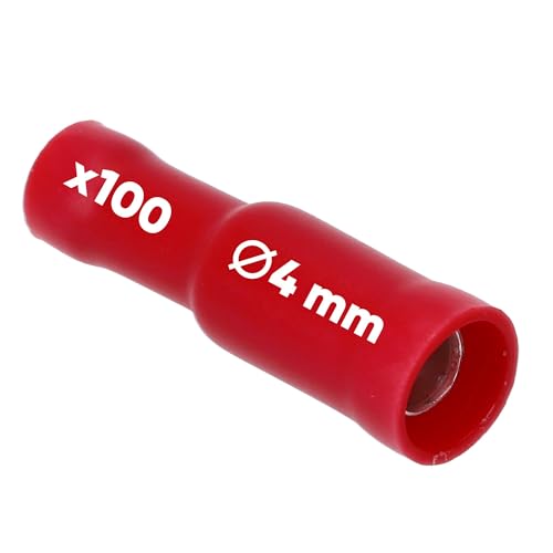 100 Stück Kalitec RHVR4 Rundsteckhülsen rot 0,5mm - 1,5mm² I isoliert I 4mm Durchmesser I 23mm lang I Ideal zum Verbinden von Kabeln von Kalitec
