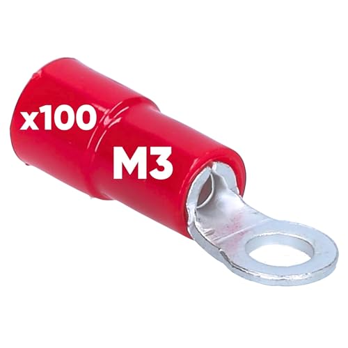 100 Stück Kalitec RKSRM3 Ringkabelschuh 0,5-1,5mm² I teilisoliert M3 rot I Kupfer I PVC Kragen I zum Verbinden von Kabeln oder Litzen I Kabelschuh I Kabelverbinder I schützt elektrische Verbindungen von Kalitec