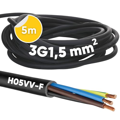 5 Meter Kalitec H05VV-F Schlauchleitung 3x1,5 mm² I Stromkabel 3G1,5 mm2 mit Schutzleiter I PVC Kabel für Innenbereich I Elektrokabel schwarz I Lampenkabel flexibel I Gerätekabel 3 adrig von Kalitec