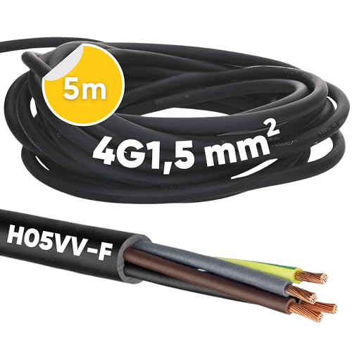 5 Meter Kalitec H05VV-F Schlauchleitung 4x1,5 mm² I Stromkabel 4G1,5 mm2 mit Schutzleiter I PVC Kabel für Innenbereich I Elektrokabel schwarz I Lampenkabel flexibel I Gerätekabel 4 adrig von Kalitec