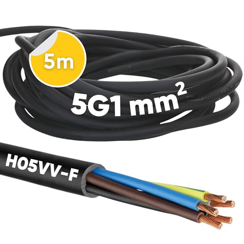 5 Meter Kalitec H05VV-F Schlauchleitung 5x1 mm² I Stromkabel 5G1 mm2 mit Schutzleiter I PVC Kabel für Innenbereich I Elektrokabel schwarz I Lampenkabel flexibel I Gerätekabel 5 adrig von Kalitec