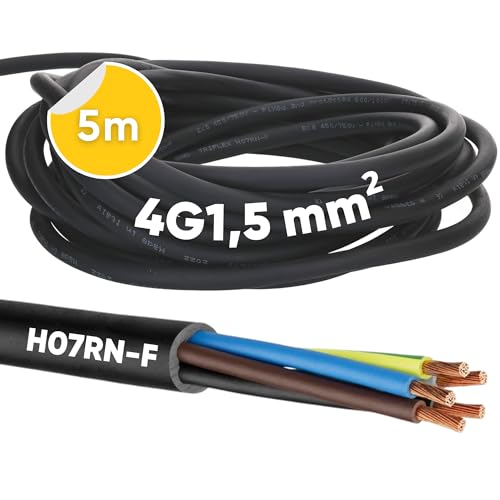 5 Meter Kalitec H07RN-F 4x1,5 mm² Gummileitung mit Schutzleiter für Außenbereich I Elektrokabel schwarz Baustellenkabel flexibel I UV- und ölbeständig I Anschlussleitung 4G1,5 Gummikabel 4 adrig von Kalitec