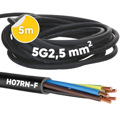 5 Meter Kalitec H07RN-F 5x2,5 mm² Gummileitung mit Schutzleiter für Außenbereich I Elektrokabel schwarz Baustellenkabel flexibel I UV- und ölbeständig I Anschlussleitung 5G2,5 Gummikabel 5 adrig von Kalitec