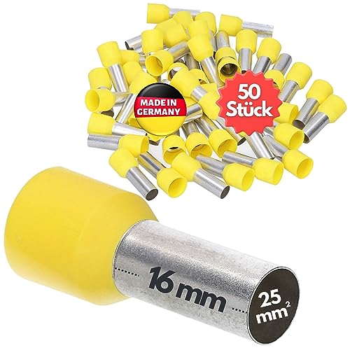 50 Stück Kalitec AE2516GE Aderendhülsen isoliert 25mm² 16mm lang gelb I Made in Germany I Industriequalität von Kalitec