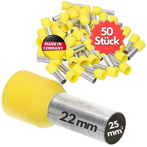50 Stück Kalitec AE2522GE Aderendhülsen isoliert 25mm² 22mm lang gelb I Made in Germany I Industriequalität von Kalitec