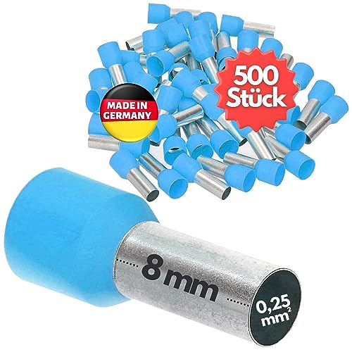 500 Stück Kalitec AE02508HBL Aderendhülsen isoliert 0,25mm² 8mm lang hellblau I Made in Germany I Industriequalität von Kalitec